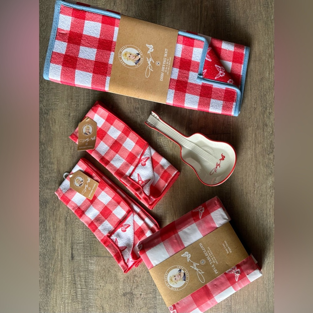 Dolly Parton “Checkered Her Out” Kitchen Mat, Towels, Spoon Rest & Table Cloth